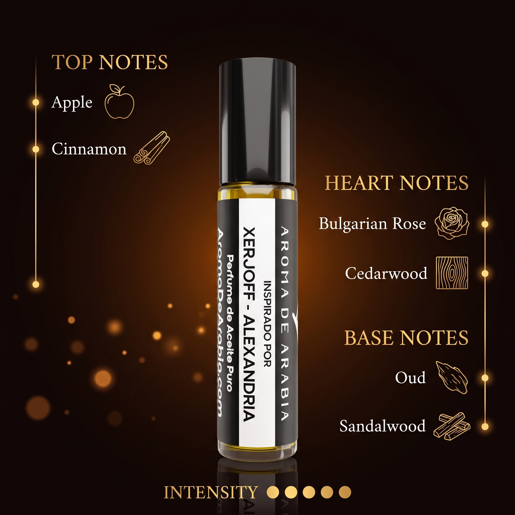 Alexandria fragrance notes: apple, cinnamon, Bulgarian rose, cedarwood, oud, sandalwood