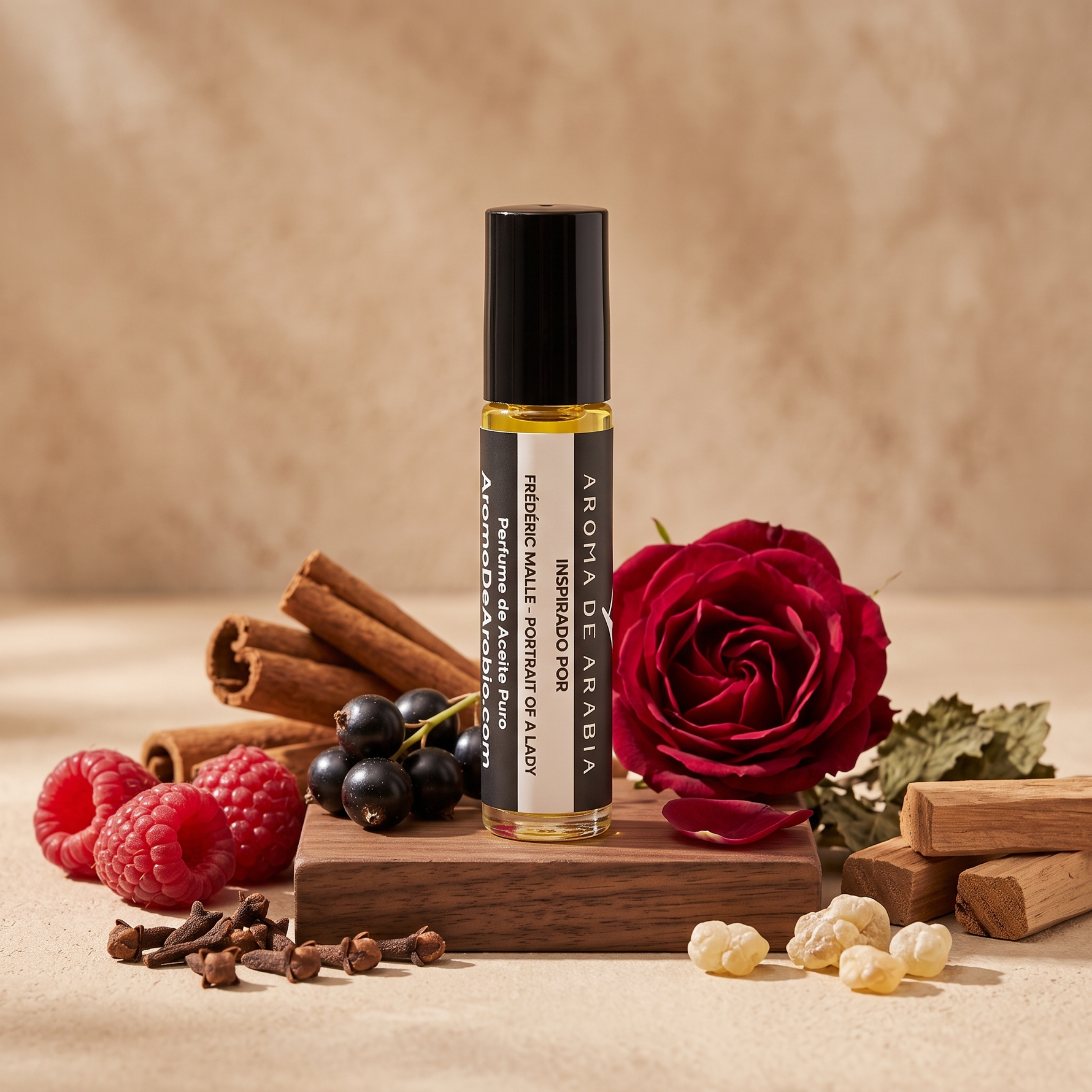 Portrait of a Lady perfume oil surrounded by raspberries, blackcurrants, rose and sandalwood