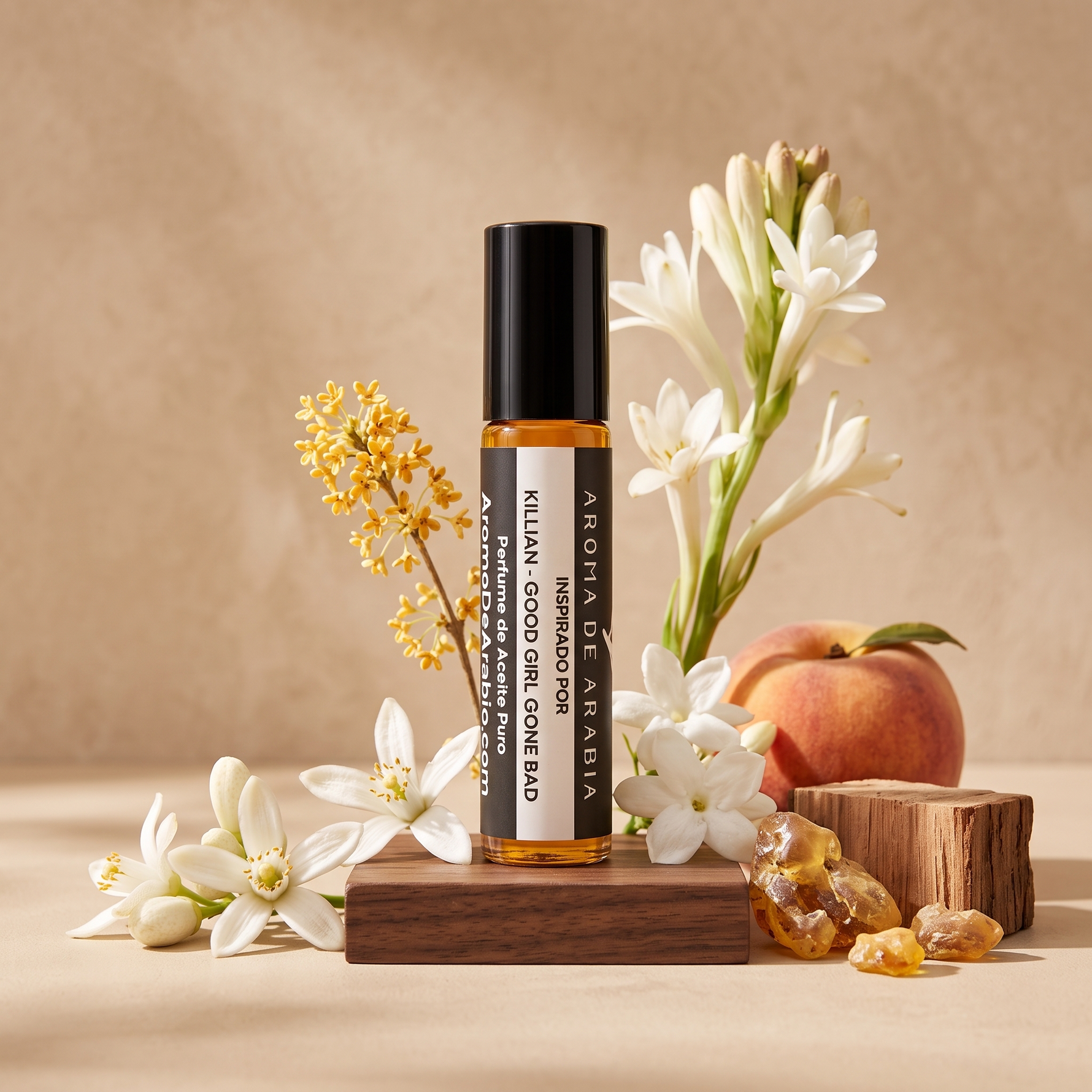 Good Girl Gone Bad perfume oil surrounded by white florals, peach, amber and cedar